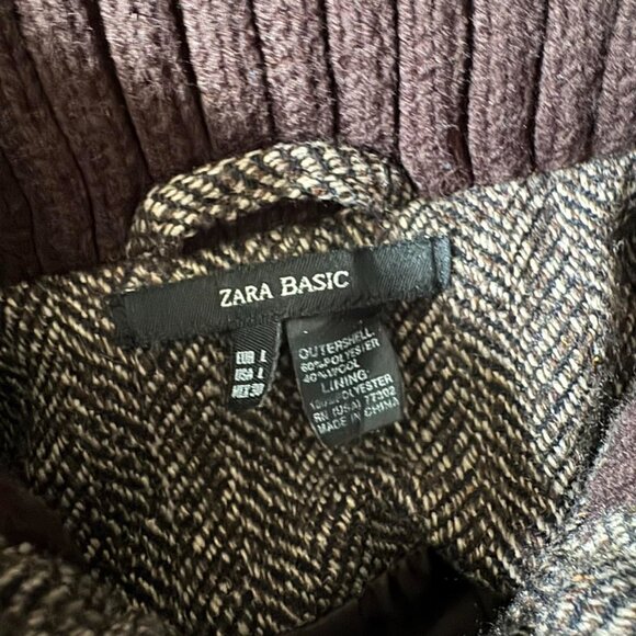 Zara vtg chocolate brown houndstooth cocoon funnel neck wool blend coat size L - Picture 3 of 5